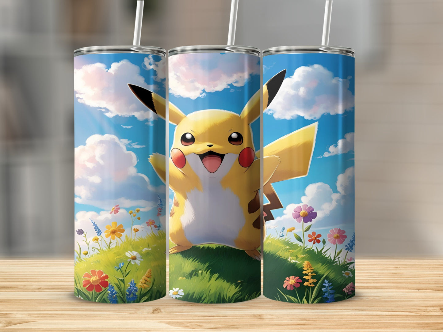 Pikachu on grassy hill with flowers, blue sky, clouds, and straws.