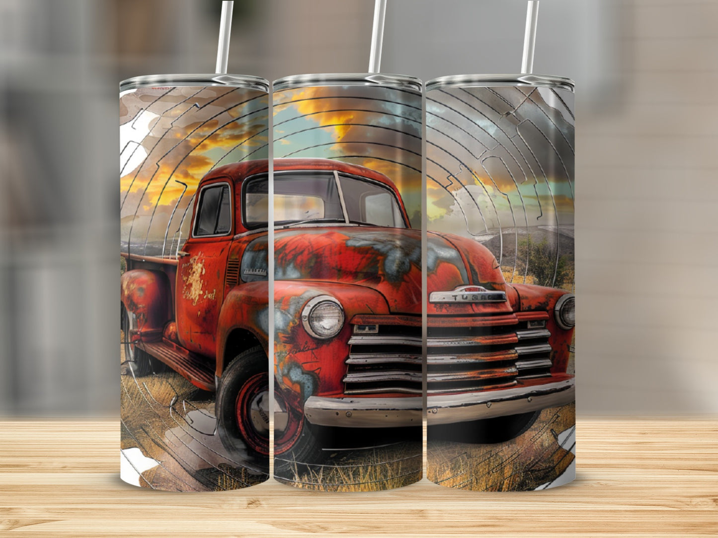 Rusty red vintage Chevrolet truck with clouds and sky graphic on three tumblers.