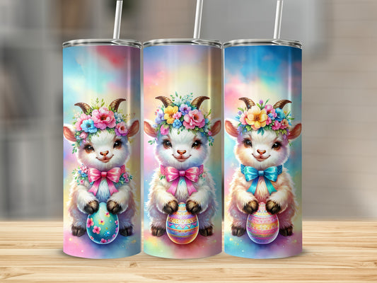 Three cute baby goats wearing flower crowns and holding Easter eggs.