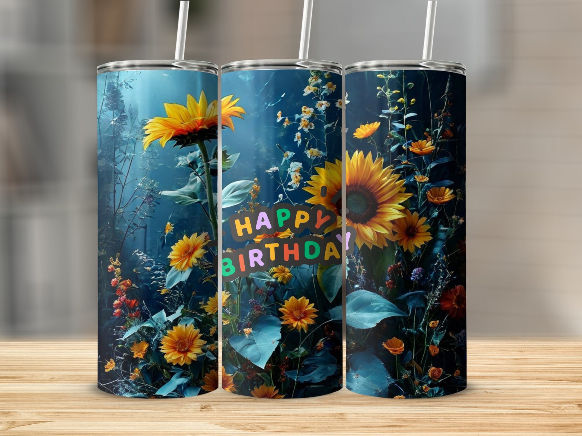 Three tumblers with sunflowers and the text "Happy Birthday".