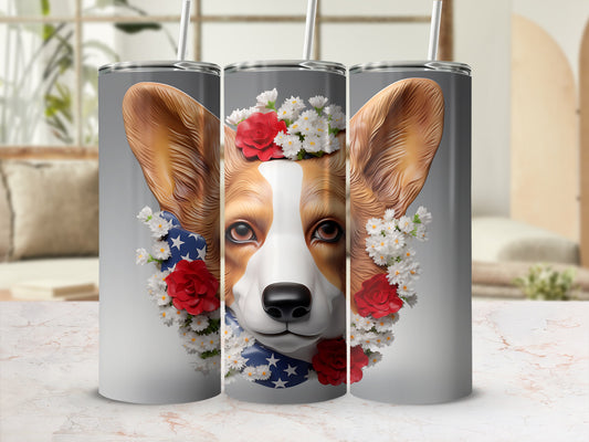 Corgi face with flowers and American flag elements on a tumbler.
