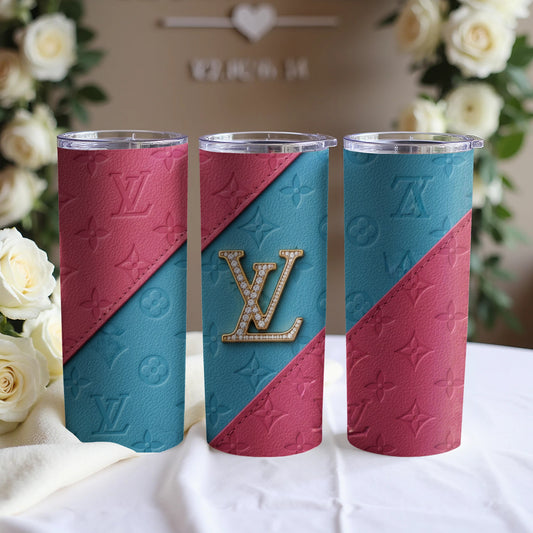 Vibrant Blue and Pink Tumbler with Stylish Monogram Design