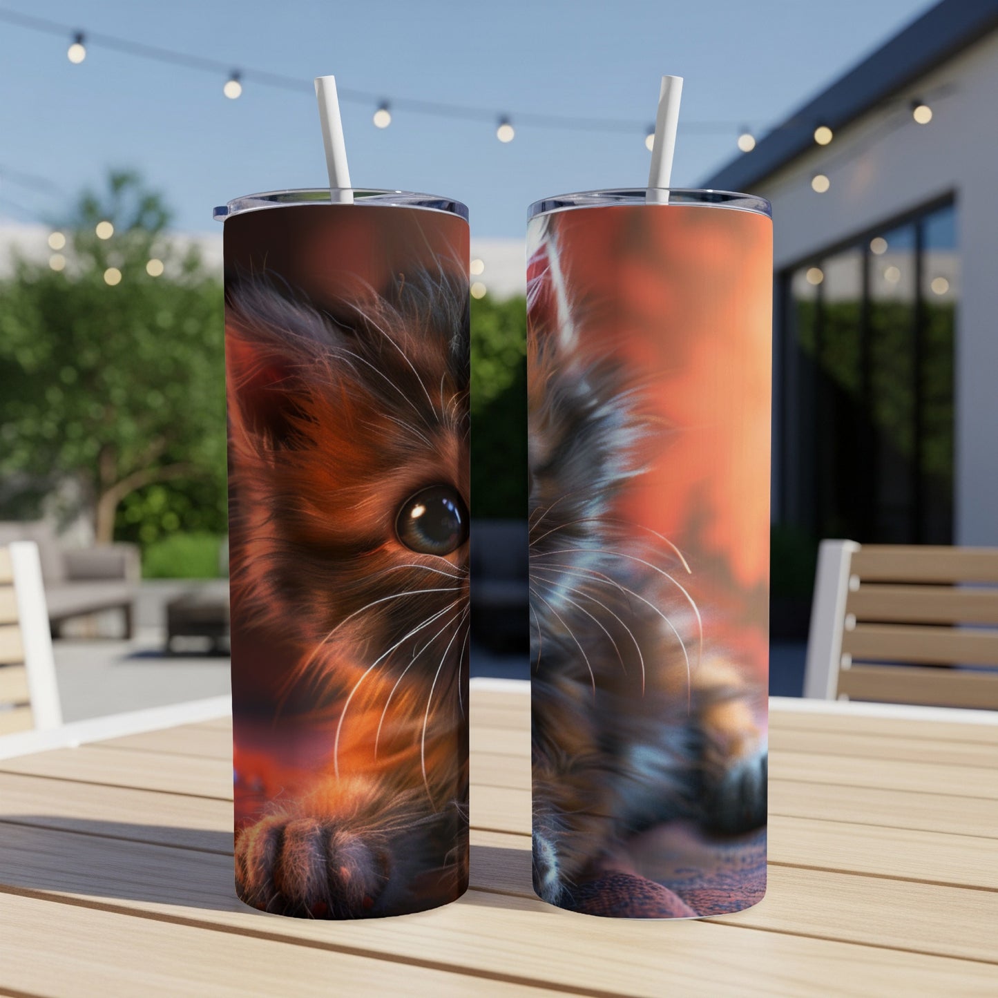 Close-up of a fluffy kitten's face on two tumblers.