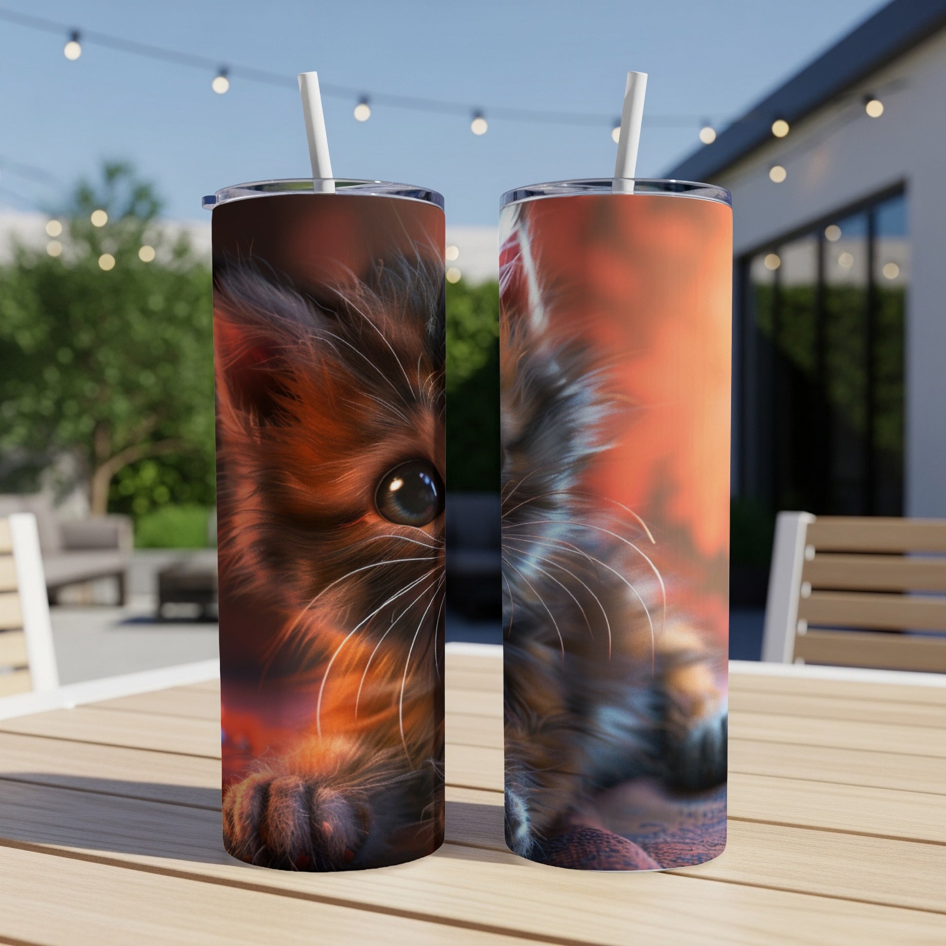 Close-up of a fluffy kitten's face on two tumblers.