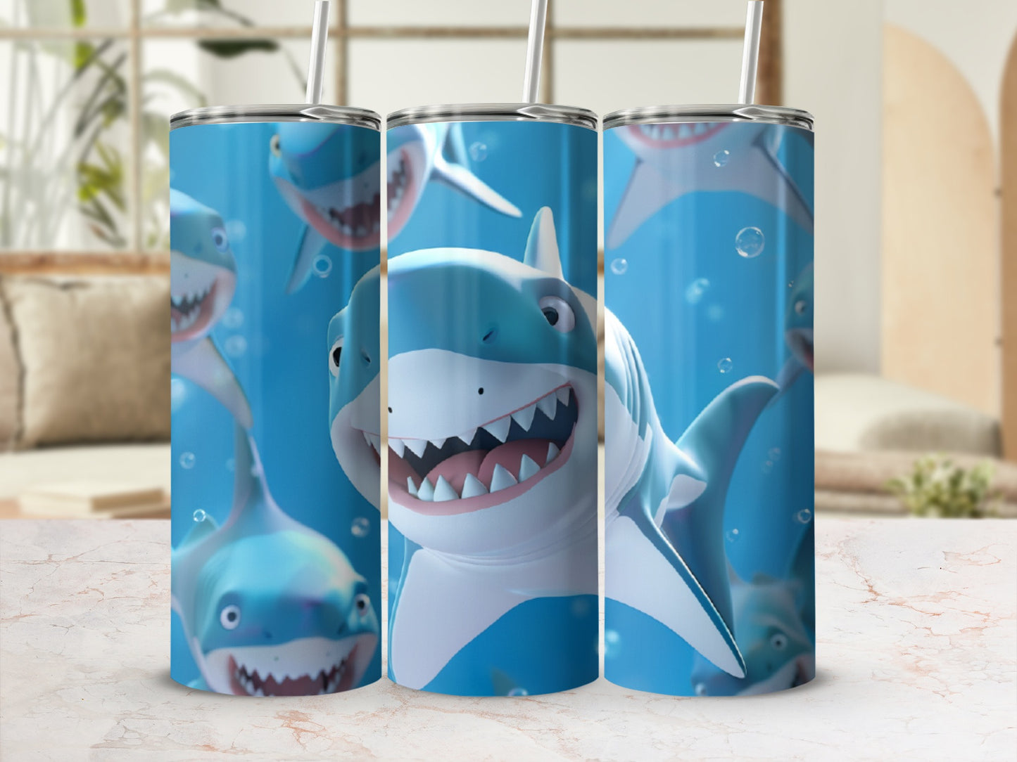 Three cartoon sharks with open mouths and straws in a bubbly blue ocean.