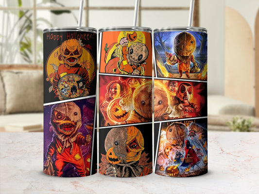 Tumblers feature a comic-style montage of Sam from Trick 'r Treat with Halloween imagery.