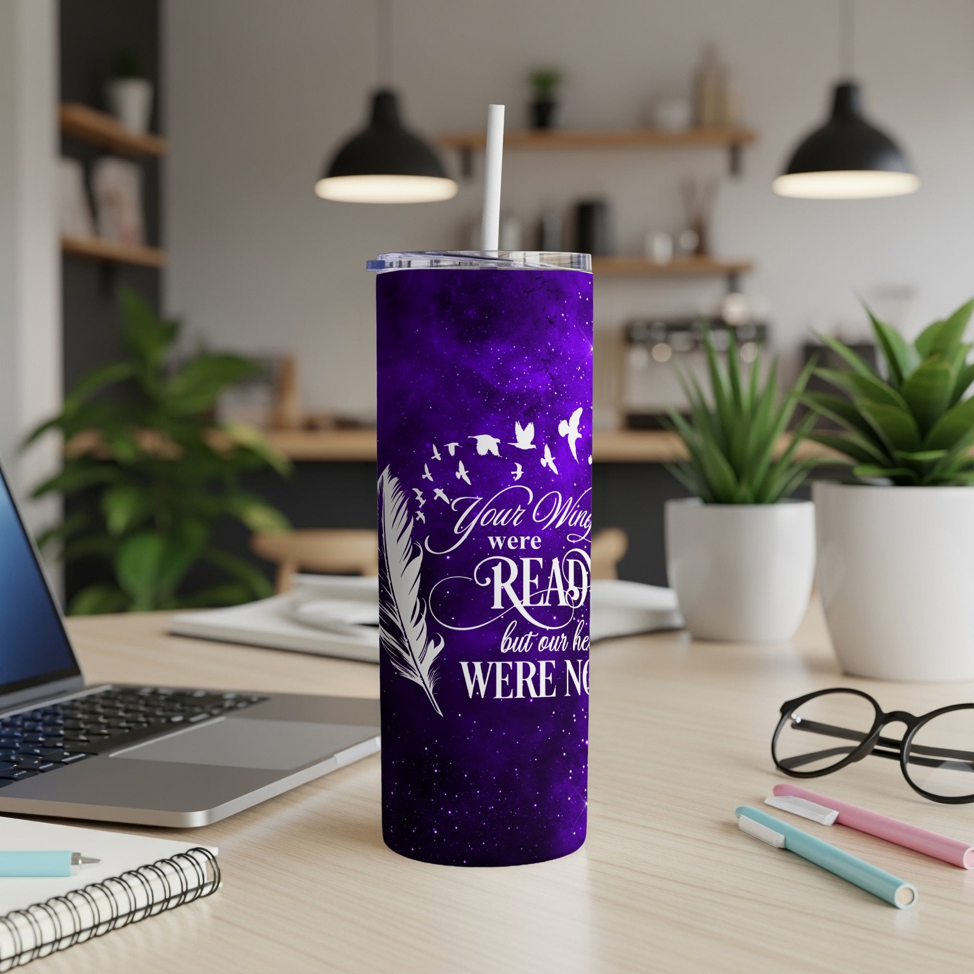 Purple galaxy tumbler with white feather and birds design.