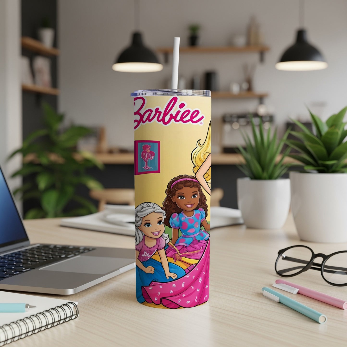 Barbie tumbler with two cartoon girls and pink accents.