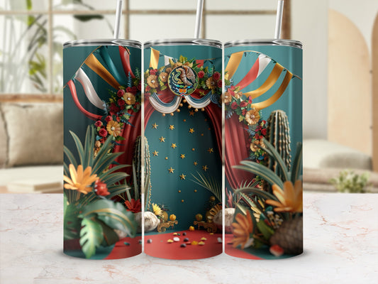 Triptych of decorated tumblers featuring a festival arch with flags and desert plants.