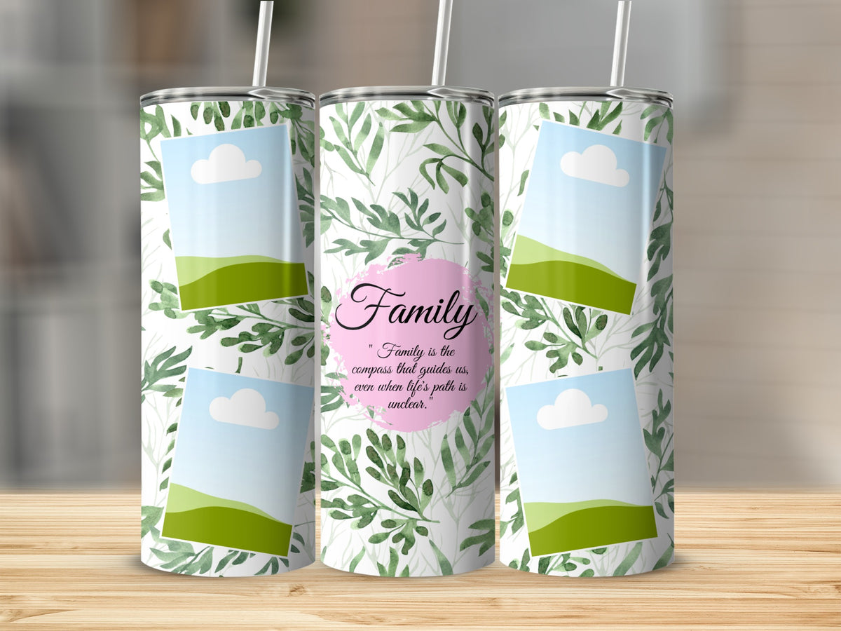 Three tumblers with a green leaf pattern and space for photos, one with "Family" quote.