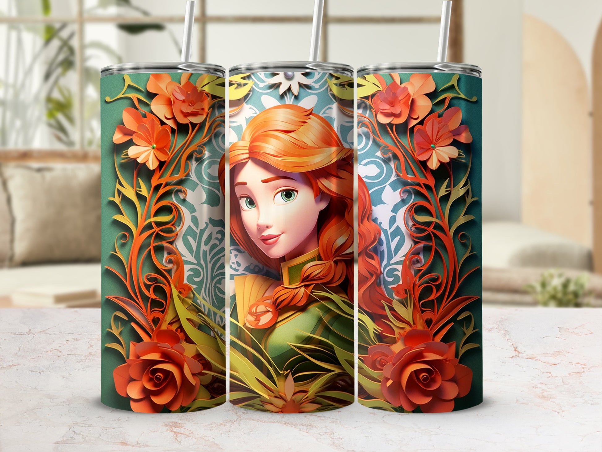 Enchanting Red-Haired Girl Art Floral Tumbler