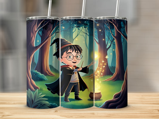 Cartoon boy with glasses and wizard hat casting a spell with a wand.