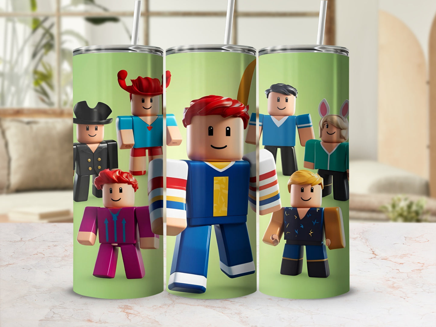 Roblox characters in colorful outfits on a green background.