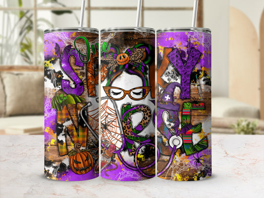Spooky nurse tumbler with Halloween imagery and purple and orange accents.