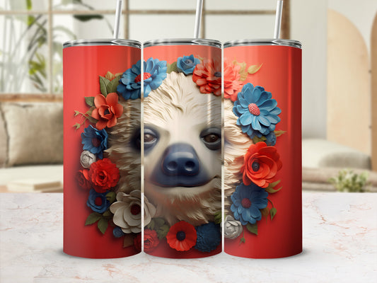 Sloth face with floral wreath on red stainless steel tumbler.
