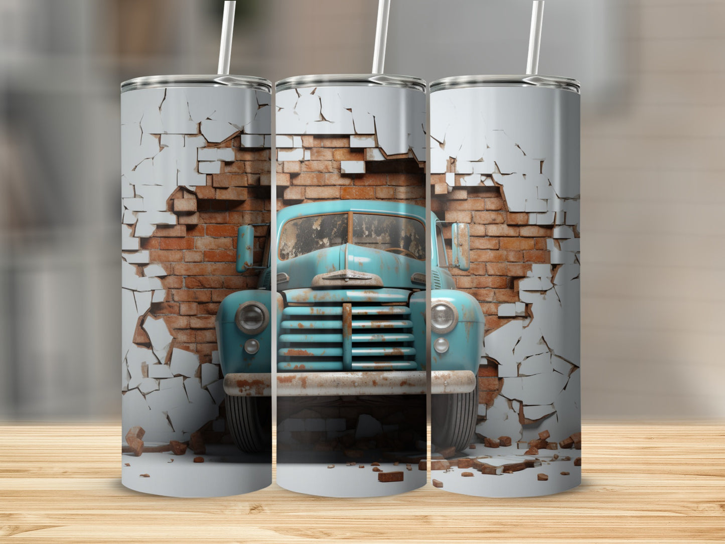 Vintage Truck Breaking Brick Wall Design Tumbler
