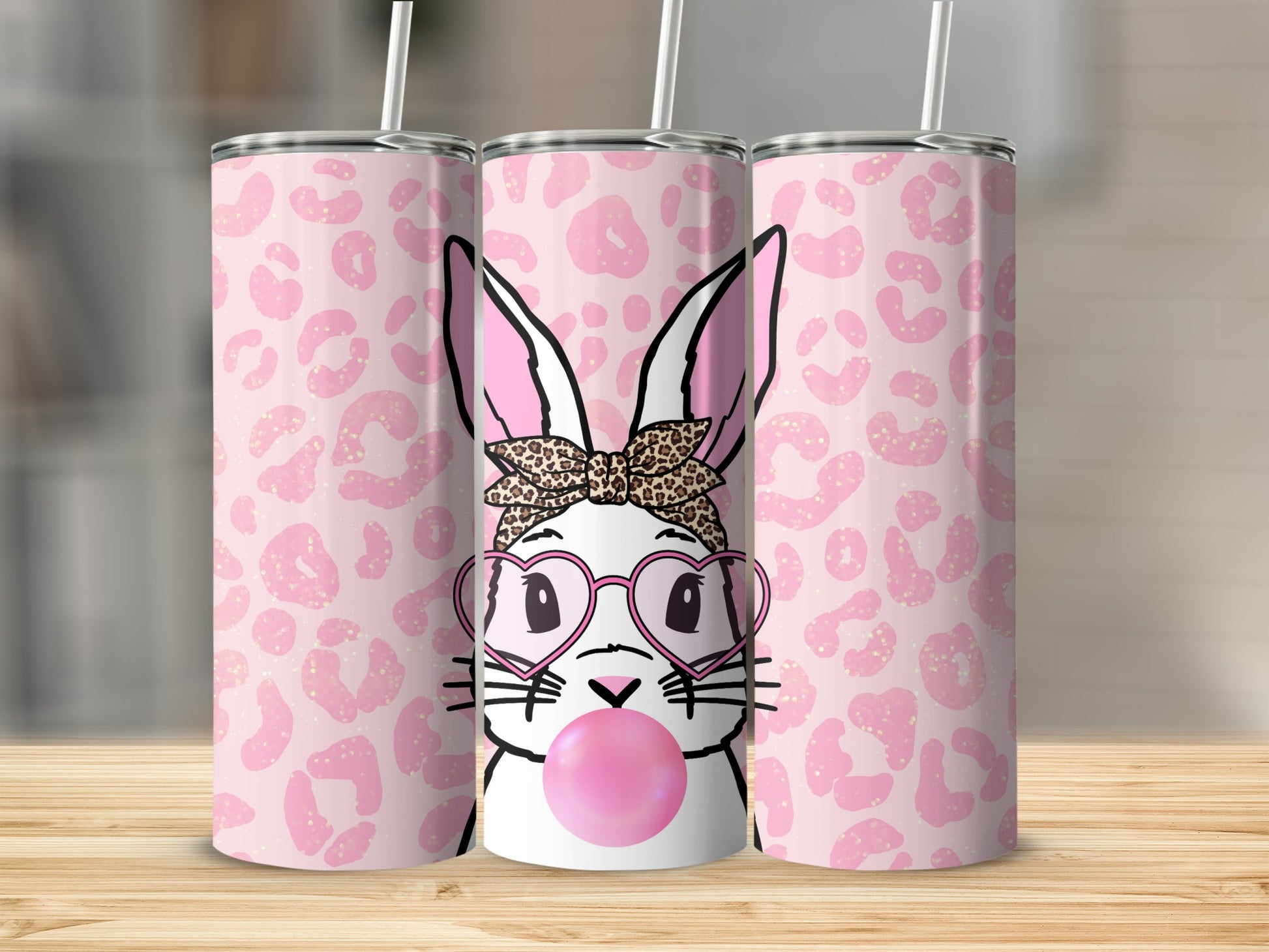 Bunny with heart sunglasses and bubblegum on pink leopard print tumbler.