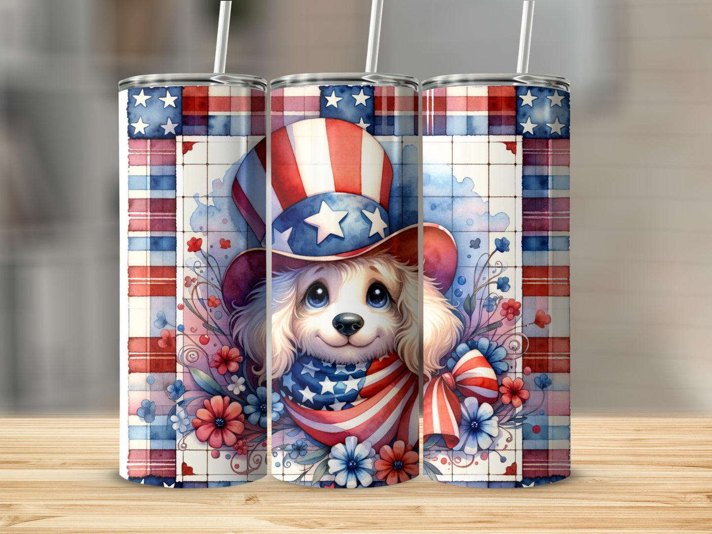 Cute puppy wearing an Uncle Sam hat and a patriotic scarf.