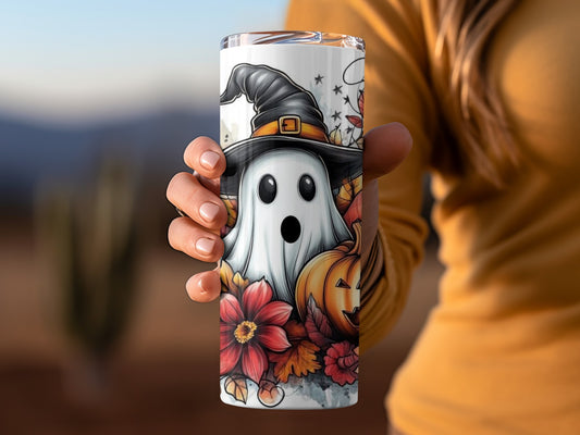 Halloween Ghost Pumpkin Floral Design Tumbler Cup