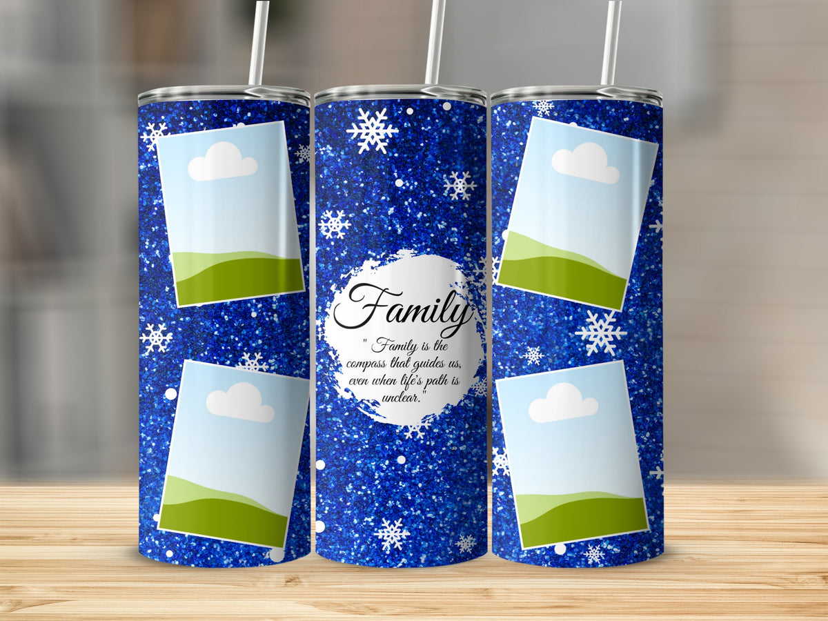 Blue glitter tumbler with snowflakes, photo frames, and the quote "Family is the compass".