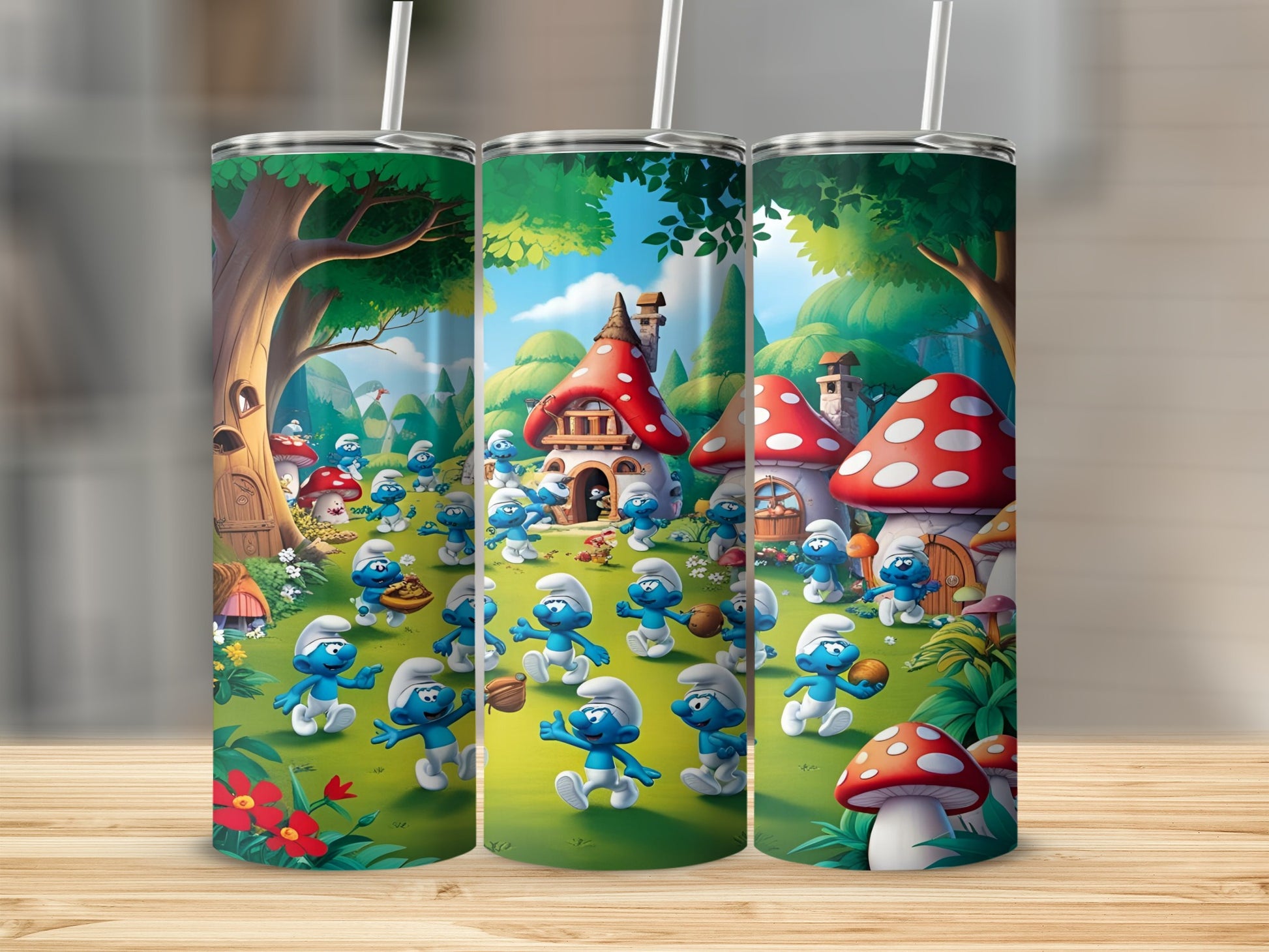 Smurfs playing basketball in a village of mushroom houses.