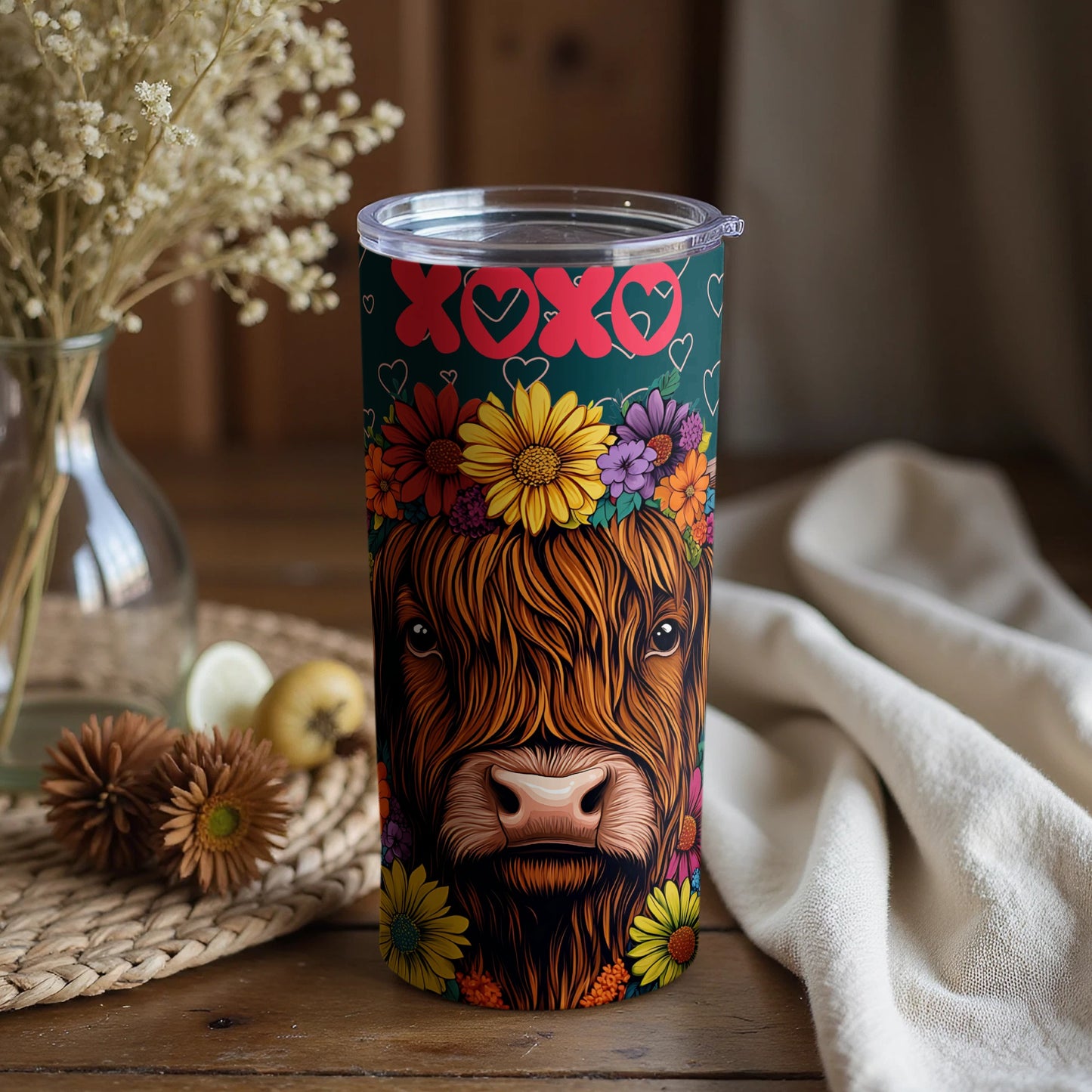 Colorful Cow With Flowers XOXO Tumbler Cup