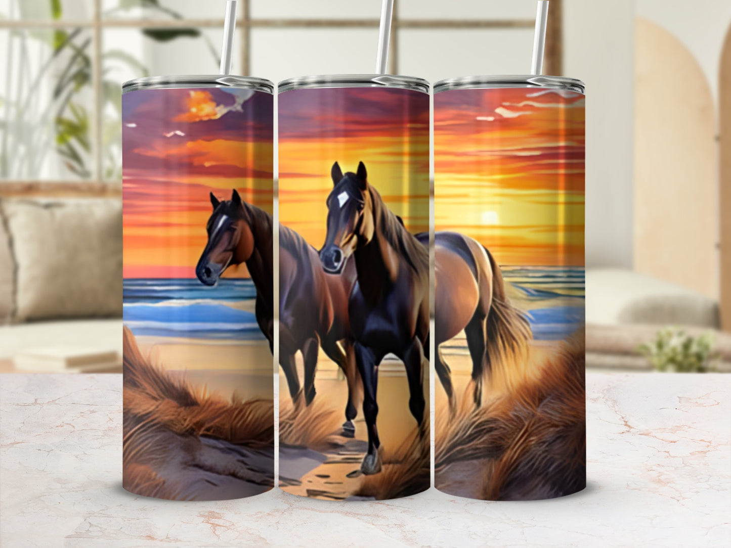 Three tumblers with horses on a beach at sunset.