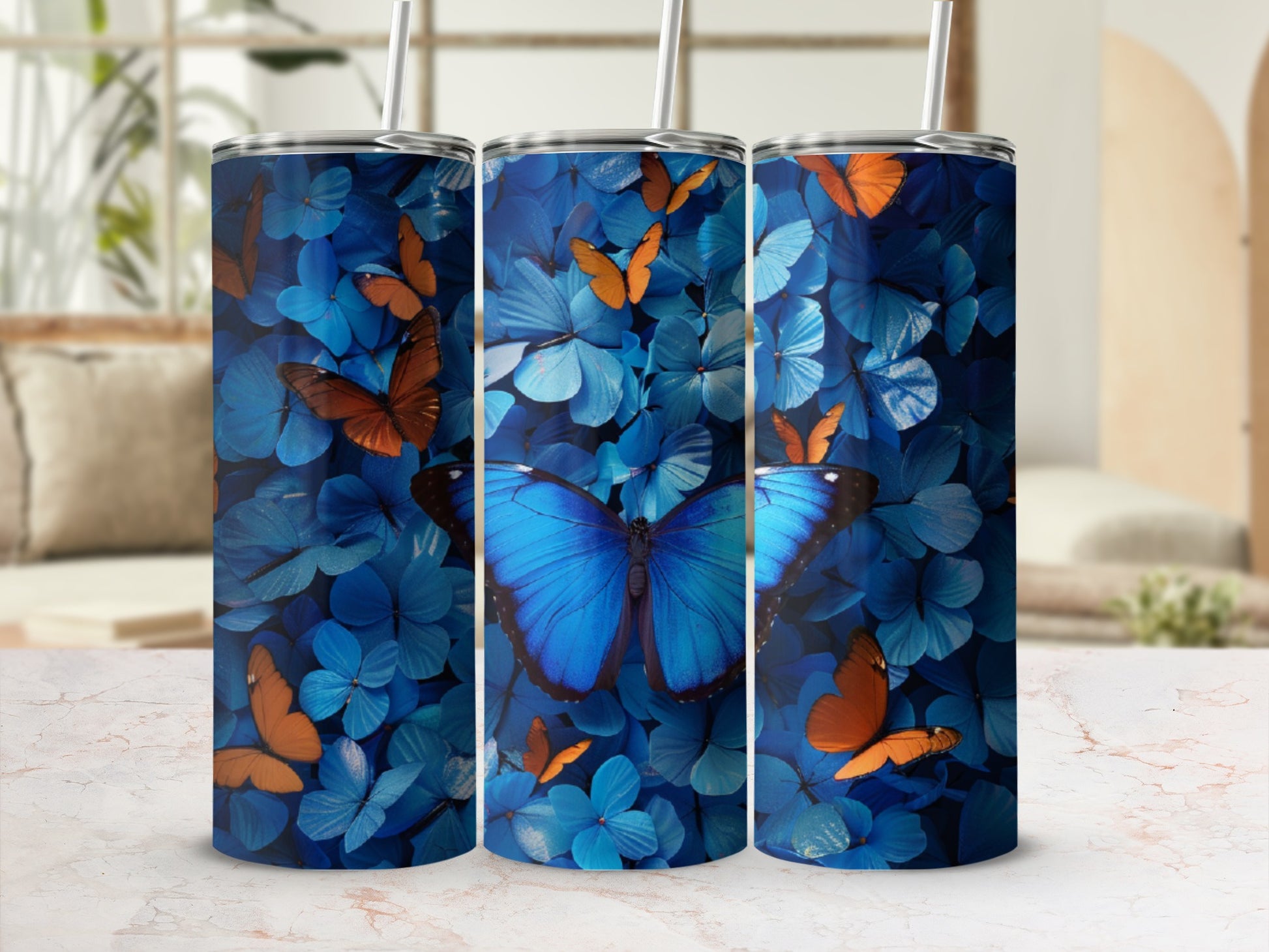 Blue and orange butterflies on a floral blue background.