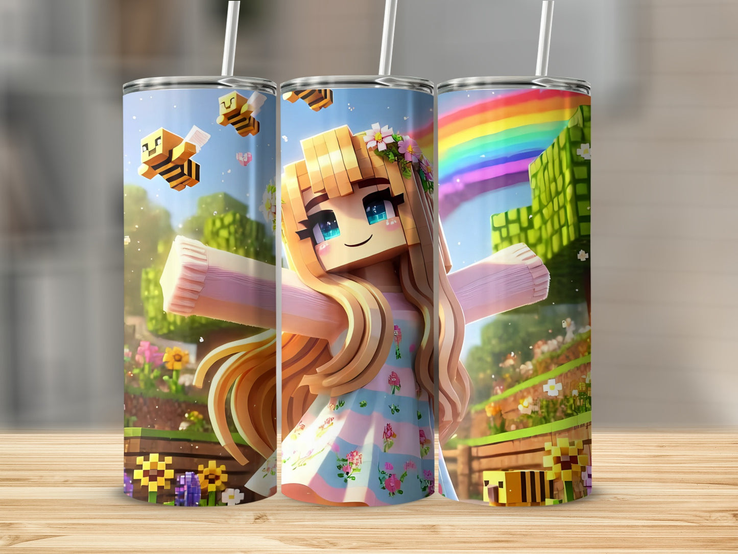Colorful Rainbow and Bees Design Tumbler Cup