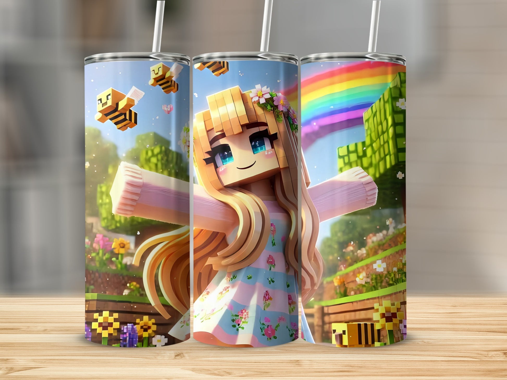 Colorful Rainbow and Bees Design Tumbler Cup