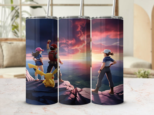 Pokemon characters and Pikachu on rocky cliff overlooking landscape at sunset