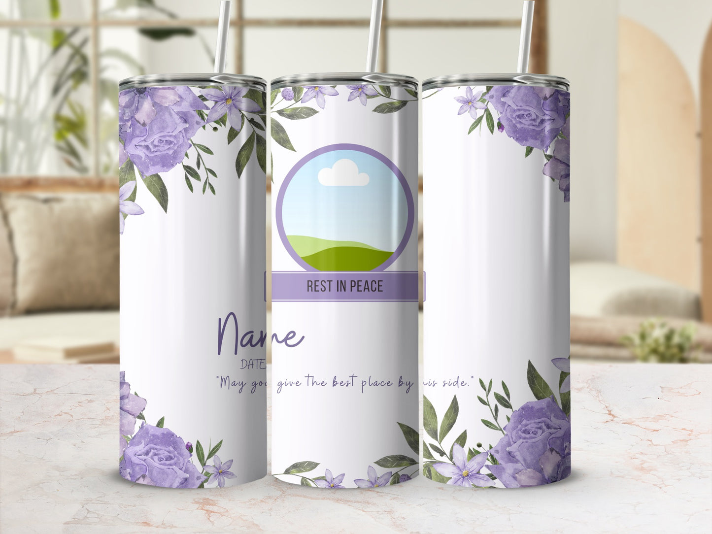 White tumbler with purple flowers and text, "Rest in Peace".