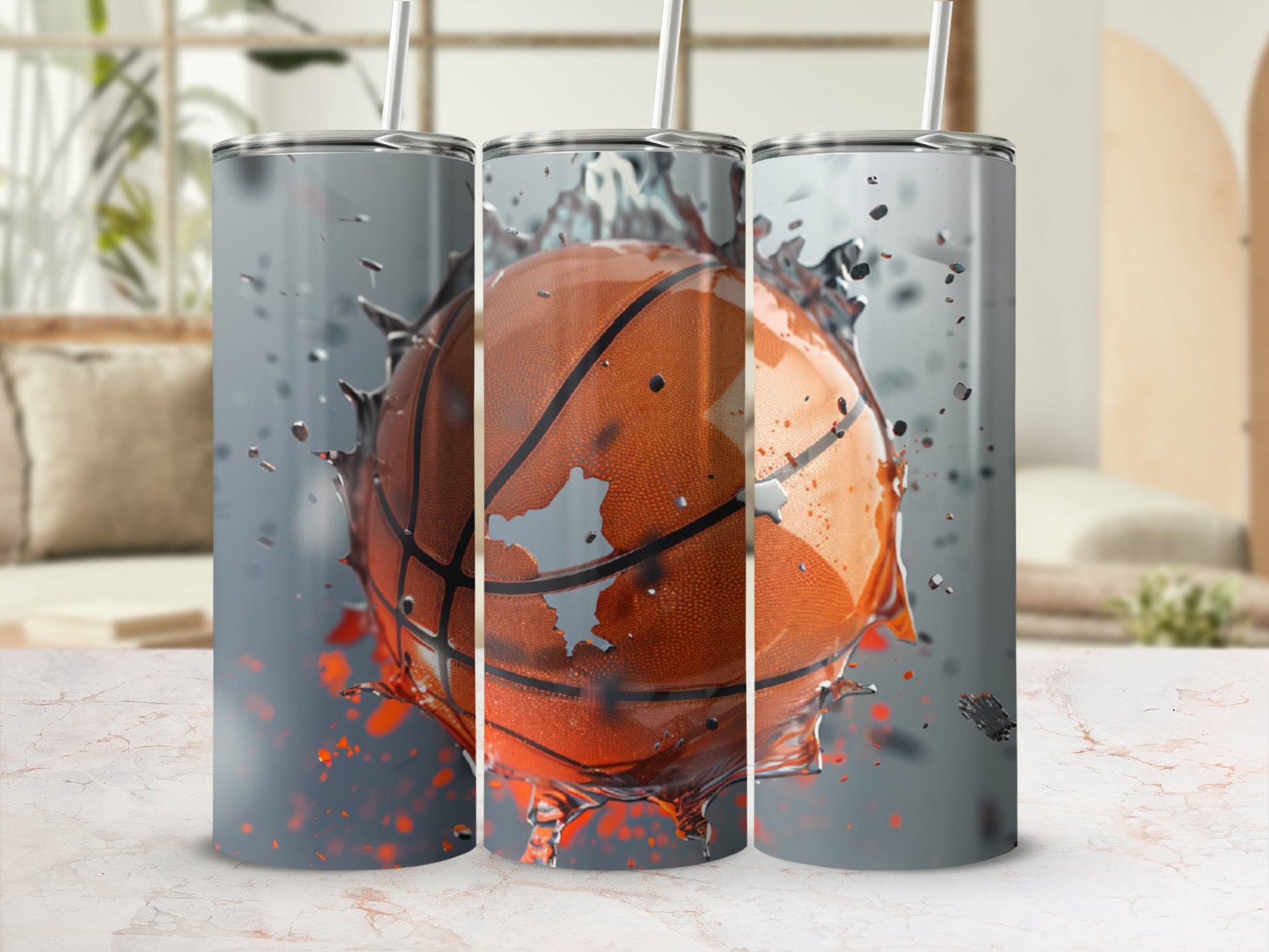 Basketball splashing water on a white marble surface.