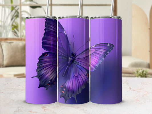 Purple butterfly tumbler with straw, three views.