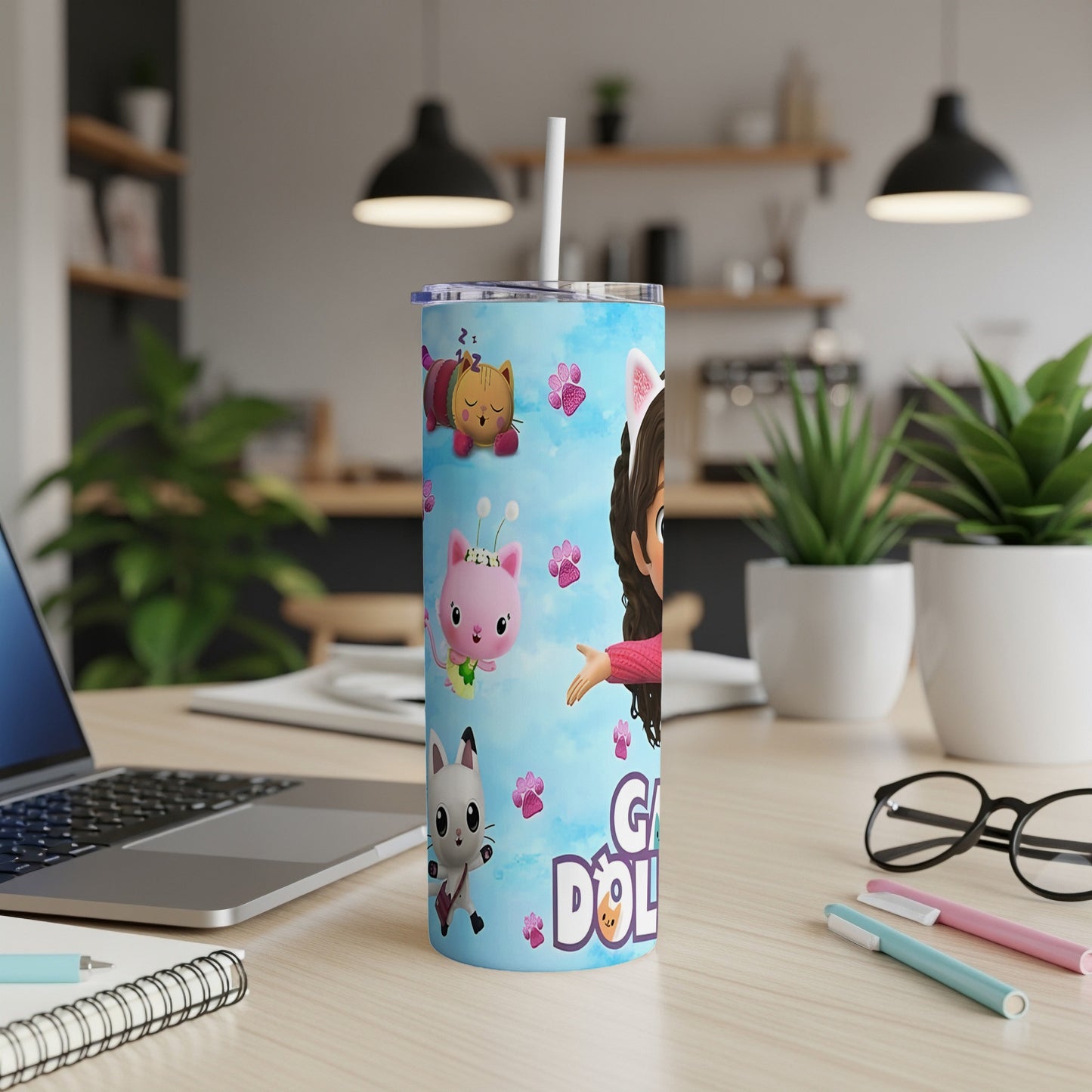 Gabby's Dollhouse tumbler featuring Gabby and two cat characters on a blue background.