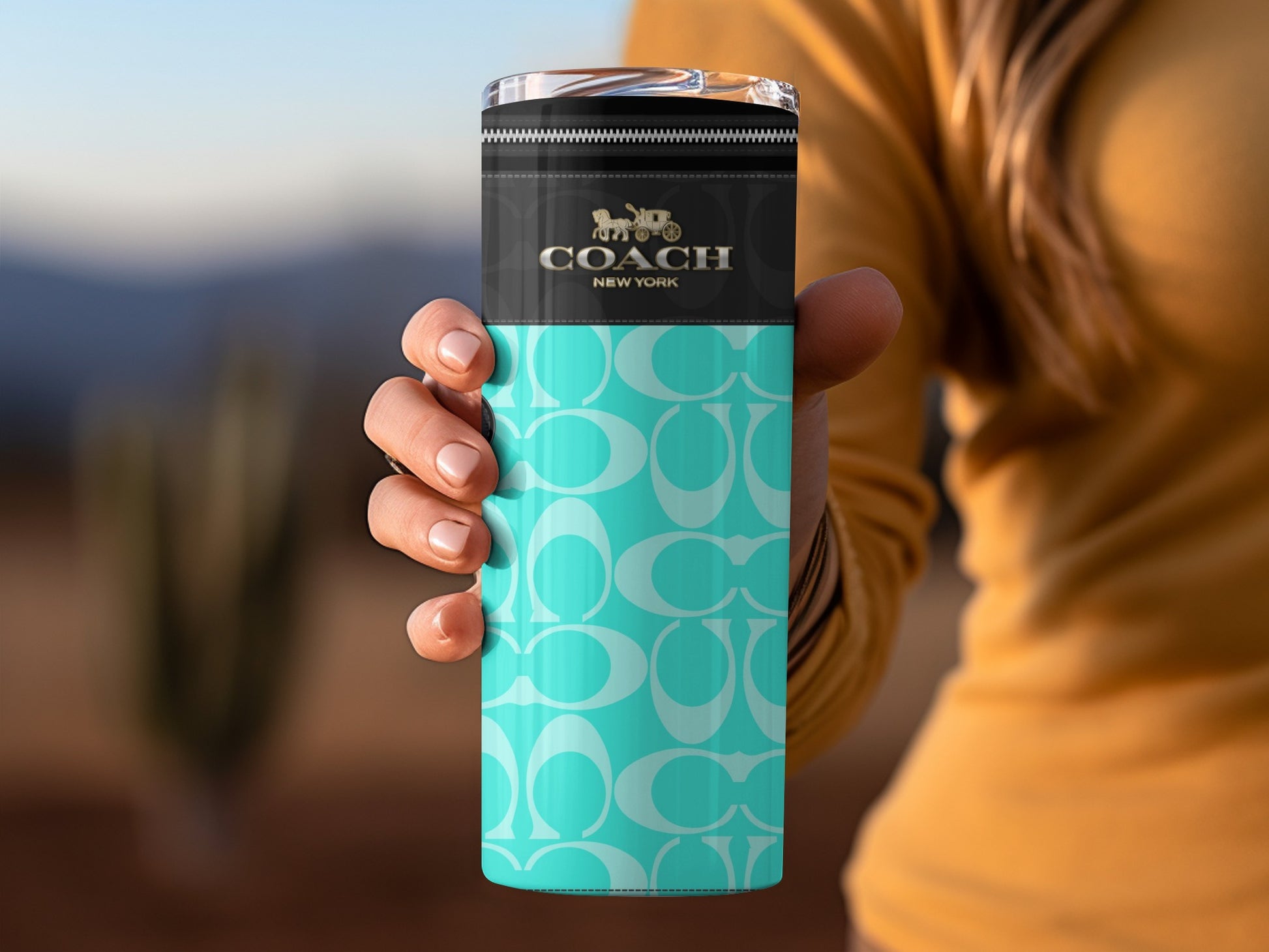 Coach New York Logo Pattern Blue Travel Mug