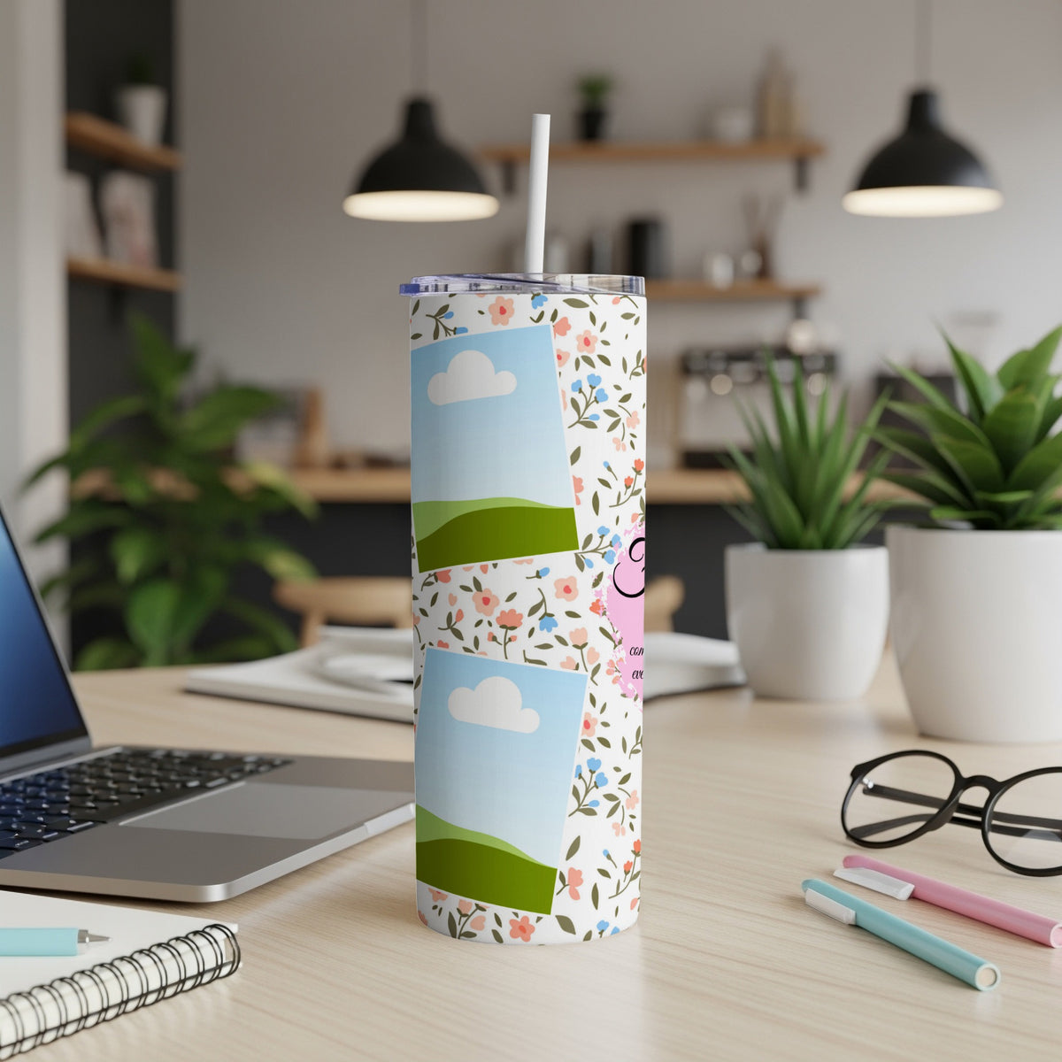 Floral tumbler with two photo placeholders and a pink heart graphic.