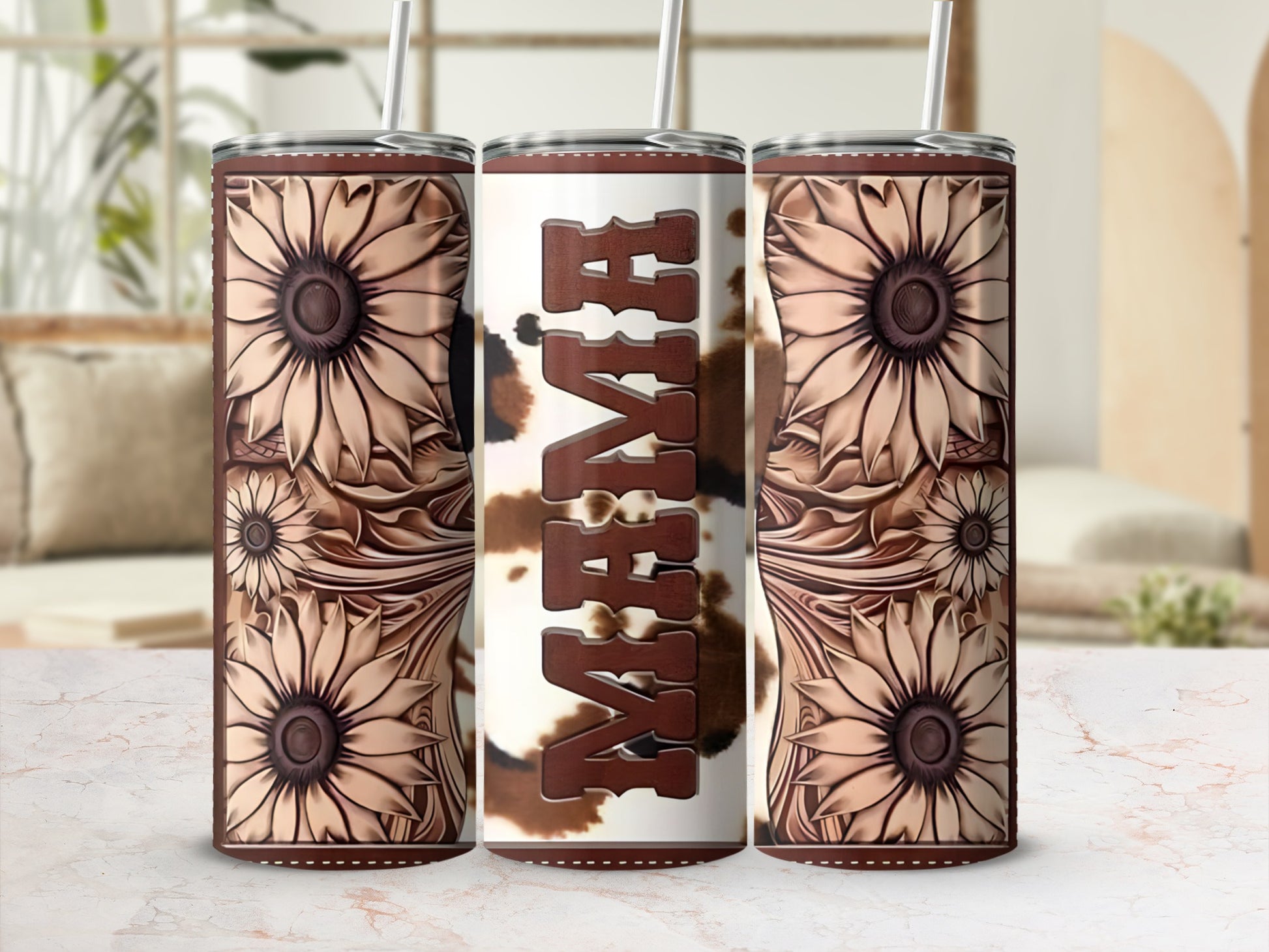 Floral and cowhide print tumbler with "Mama" text.