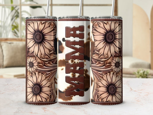 Floral and cowhide print tumbler with "Mama" text.
