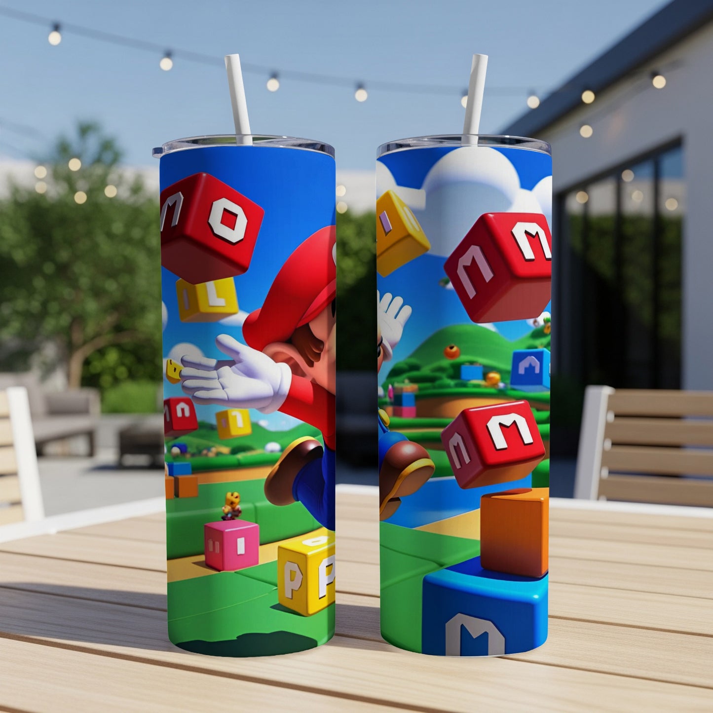 Mario jumping through floating blocks, viewed on two tumblers.
