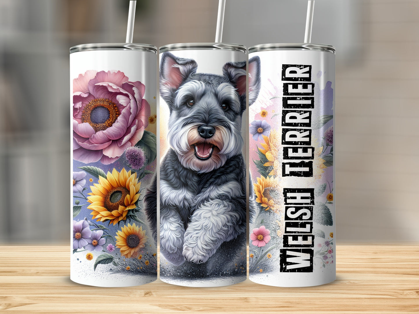 Tumbling Welsh Terrier illustration with floral accents on three tumblers.