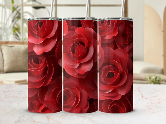 Three tumblers with a repeating pattern of deep red rose petals.