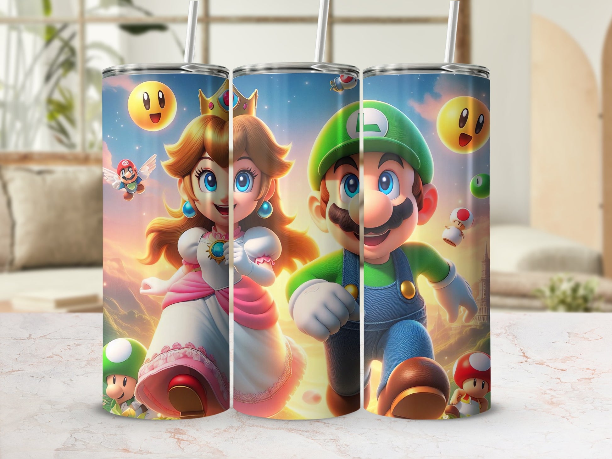 Princess Peach Luigi and Mario themed tumbler set