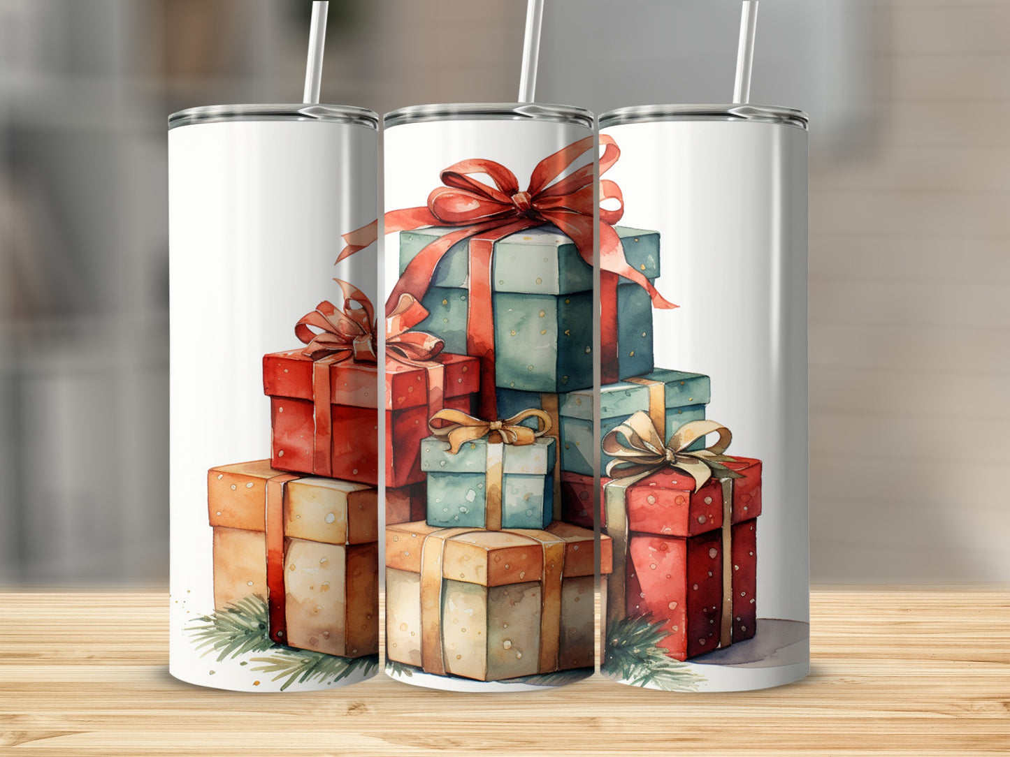Stack of Christmas presents with red and green ribbons on a wooden surface.