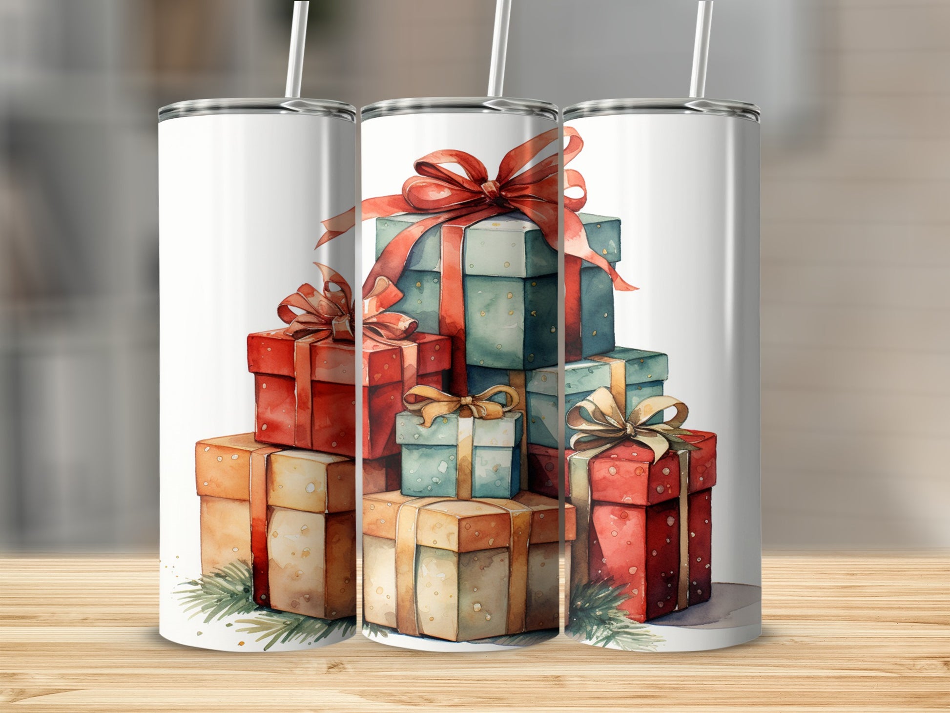 Stack of Christmas presents with red and green ribbons on a wooden surface.
