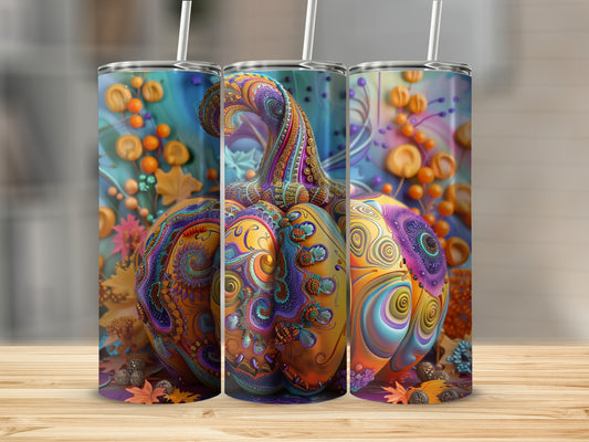 Three tumblers featuring a colorful, ornate pumpkin design.