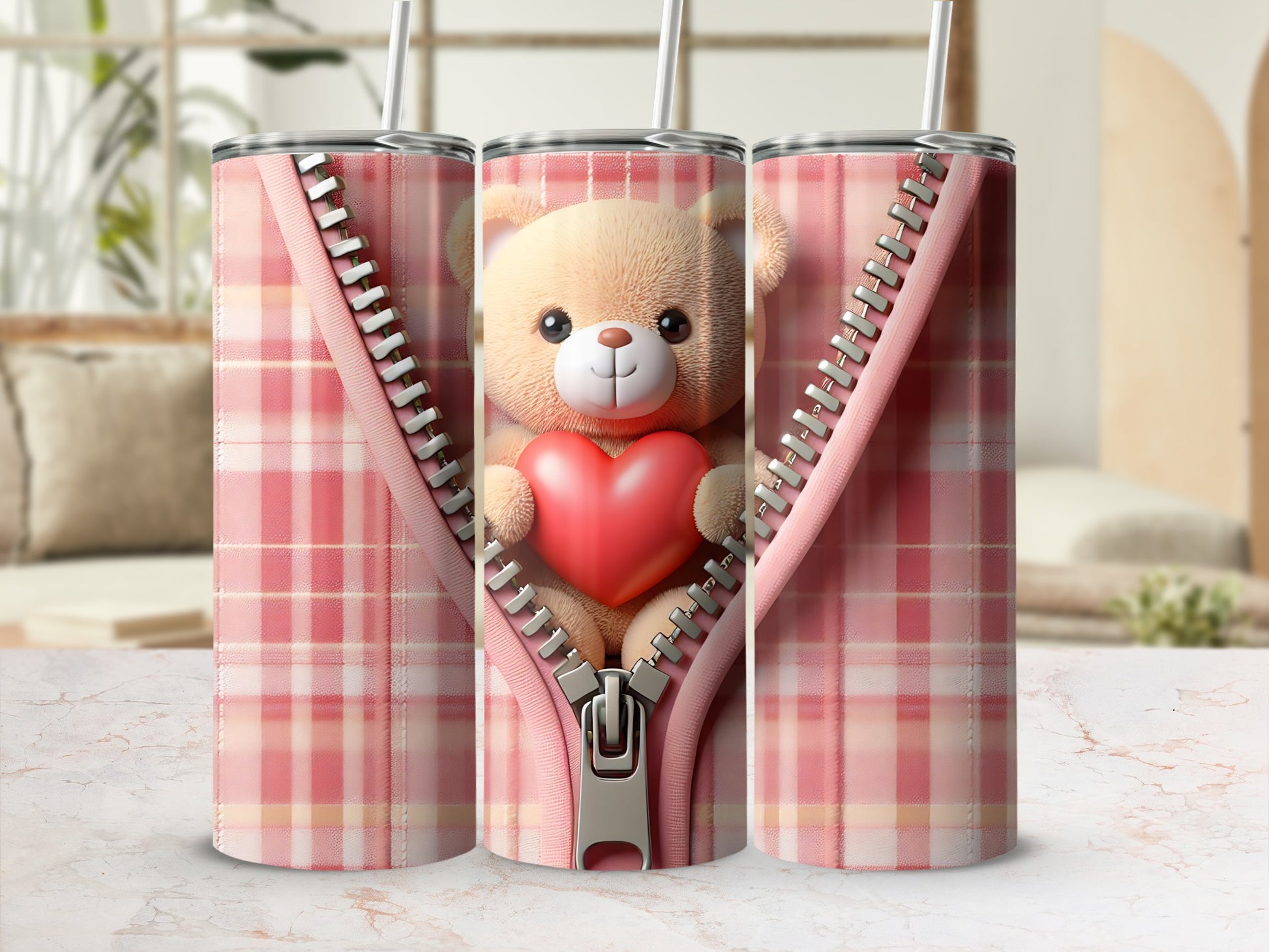 Pink plaid tumbler with a teddy bear holding a red heart.