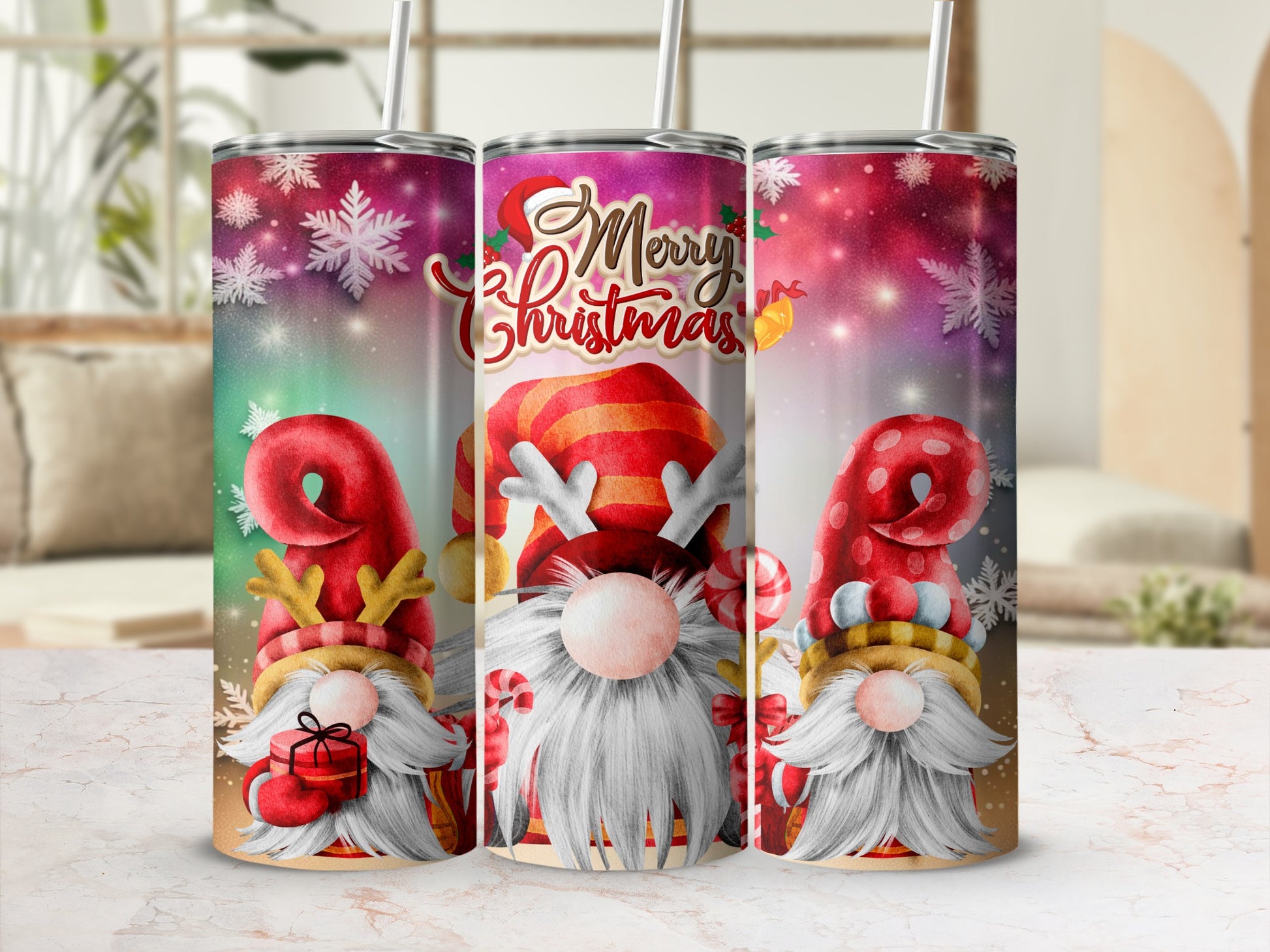 Three whimsical gnomes with gifts and candy canes against a festive snowy background.