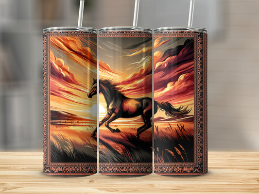 Running horse in a sunset landscape on a patterned tumbler.