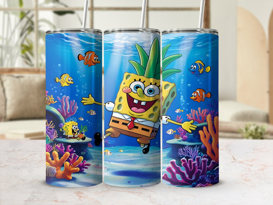 SpongeBob SquarePants character in underwater scene with fish and coral.